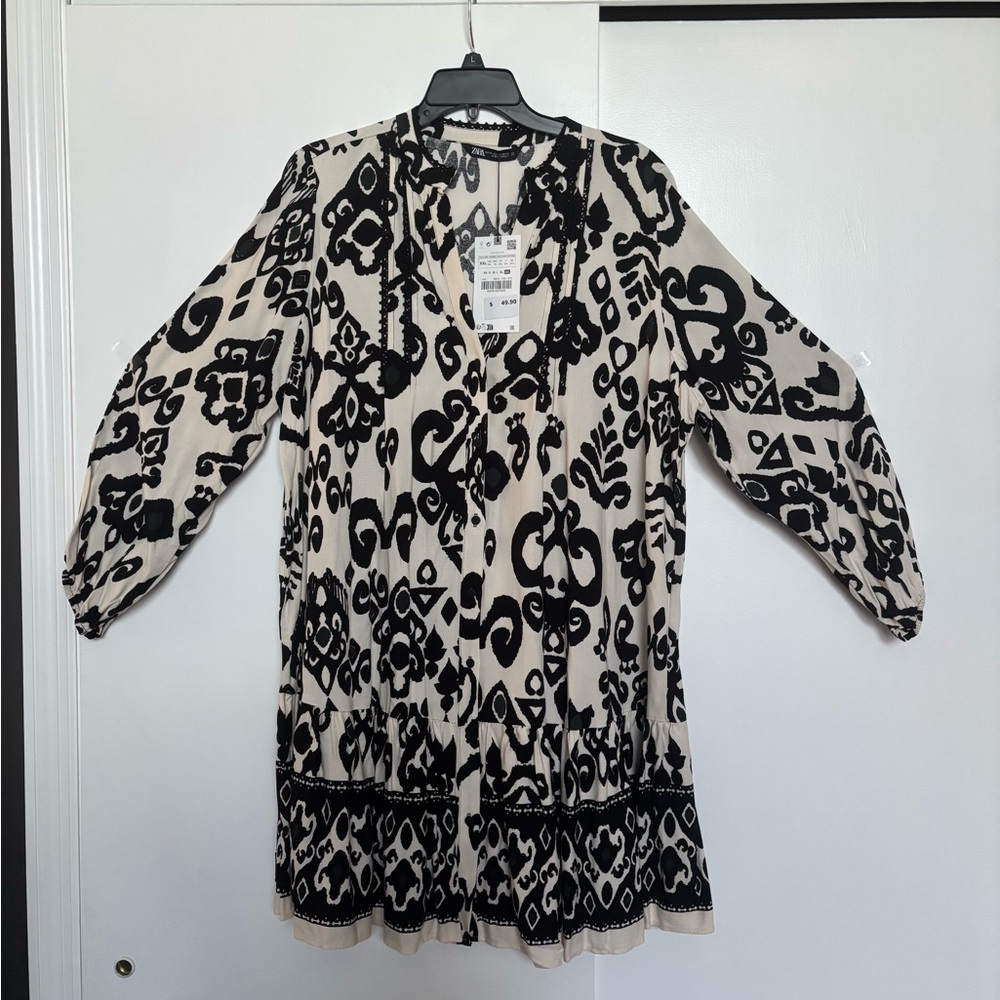 Boho Black & Cream V-Neck Printed Tunic Dress